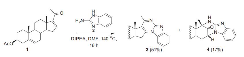 Scheme 2. Condensation of 16-dehydropregnenolone acetate with 2-aminobenzimidazole.png Article illustration