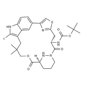 Carbamic acid, N-[(14S,18S)-18,19,20,21-tetrahydro-2-iodo-25,25-dimethyl-15,22-dioxo-17H-5,3-([4,2]-endo-thiazolopropano[1,3]-endo-pyridazinomethanoxypropano)-1H-indol-14-yl]-, 1,1-dimethylethyl ester