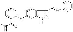 CAS 登录号:319460-85-0, 阿西替尼, N-甲基-2-((3-((1E)-2-(吡啶-2-基)乙烯)-1H-吲唑-6-基)硫)苯甲酰胺