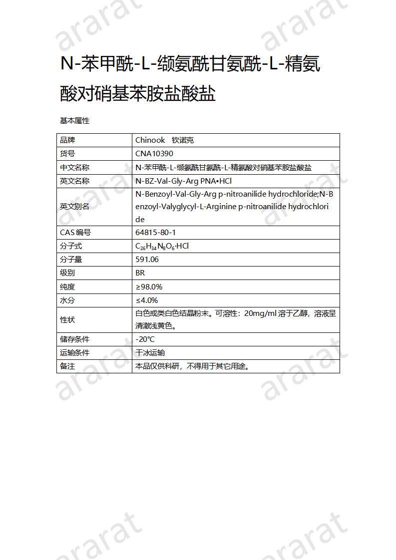 CNA10390 N-苯甲酰-L-缬氨酰甘氨酰-L-精氨酸对硝基苯胺盐酸盐_01.jpg CNA10390 N-苯甲酰-L-缬氨酰甘氨酰-L-精氨酸对硝基苯胺盐酸盐_01.jpg
