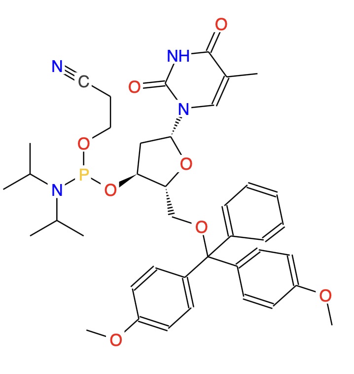 5'-(4,4'-二甲氧基三苯基)-3'-脱氧胸苷 2'-(2-氰乙基-N,N-二异丙基)亚磷酰胺