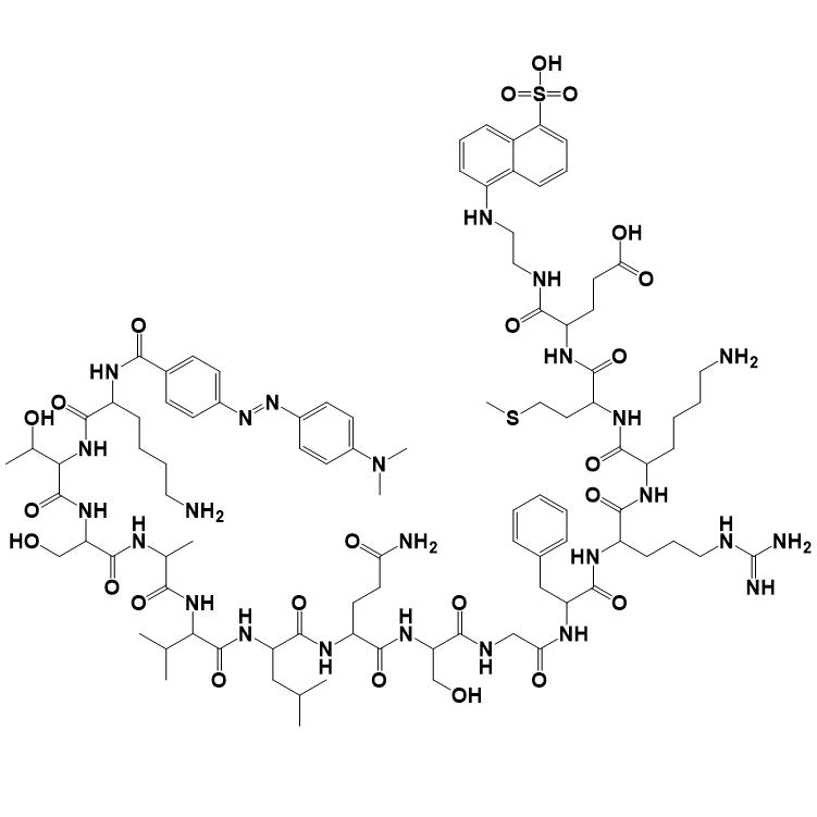 DABCYL-Lys-HCoV-SARS Replicase Polyprotein 1ab (3235-3246)-Glu-EDANS 730985-86-1.png DABCYL-Lys-HCoV-SARS Replicase Polyprotein 1ab (3235-3246)-Glu-EDANS 730985-86-1.png