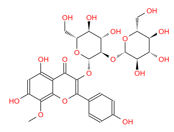 8-甲氧基草质素-3-O-槐糖苷，114882-17-6，8-O-Methylherbacetin-3-sophoroside。