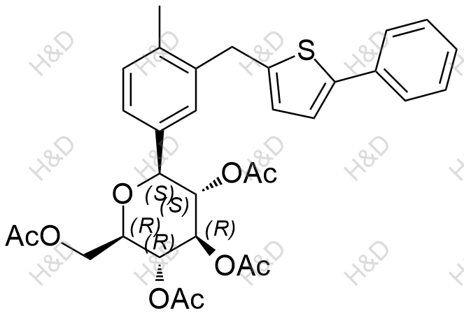 (2R,3R,4R,5S,6S)-2-(acetoxymethyl)-6-(4-methyl-3-((5-phenylthiophen-2-yl)methyl)phenyl)tetrahydro-2H-pyran-3,4,5-triyl triacetate	卡格列净杂质69	