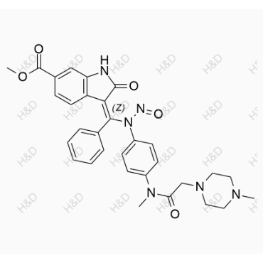 (Z)-methyl 3-(((4-(N-methyl-2-(4-methylpiperazin-1-yl)acetamido)phenyl)(nitroso)amino)(phenyl)methylene)-2-oxoindoline-6-carboxylate	N-亚硝基尼达尼布	