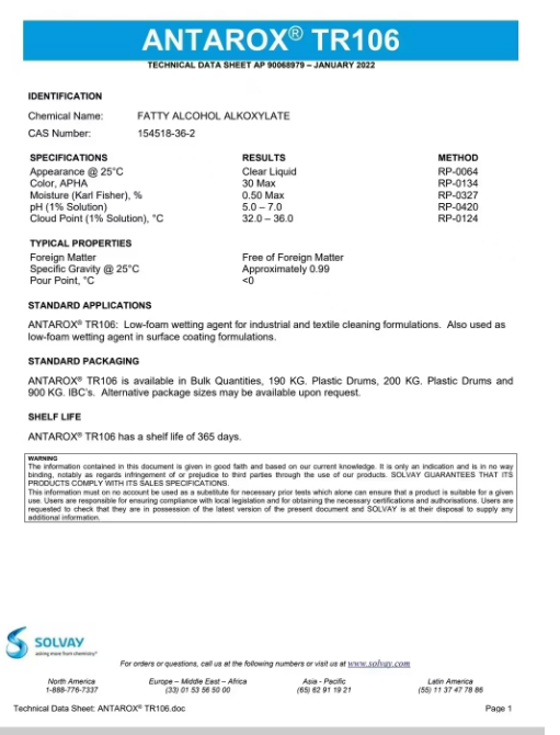索尔维/世索科TR106常温低泡耐碱润湿渗透乳化剂