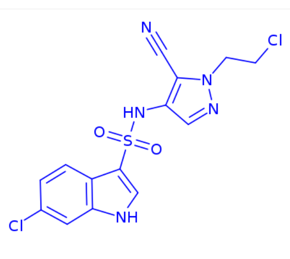 6-chloro-N-(1-(2-chloroethyl)-5-cyano-1H-pyrazol-4-yl)-1H-indole-3-sulfonamide