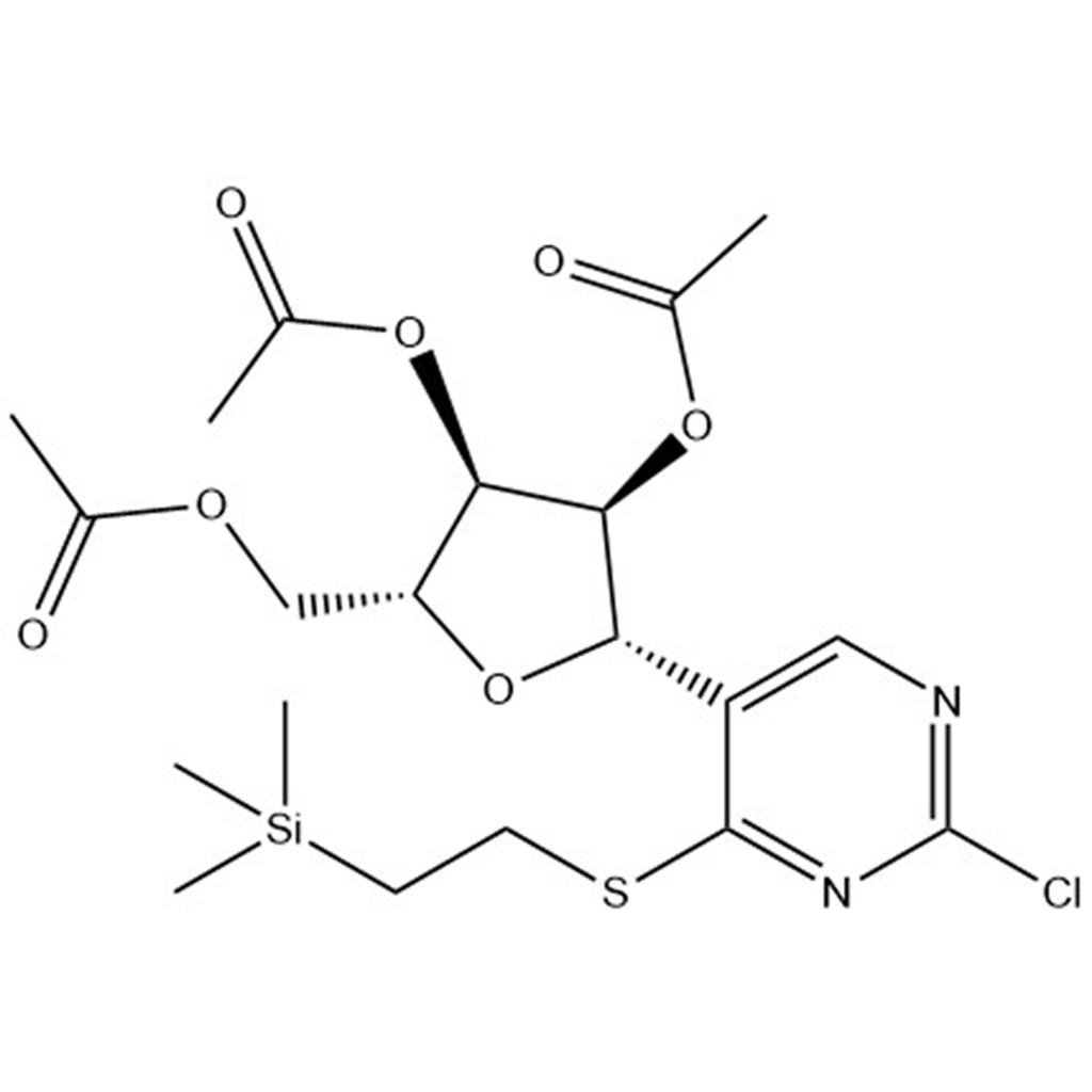 D-Ribitol, 1,4-anhydro-1-C-[2-chloro-4-[[2-(trimethylsilyl)ethyl]thio]-5-pyrimidinyl]-, 2,3,5-triacetate, (1S)-;1140219-99-3