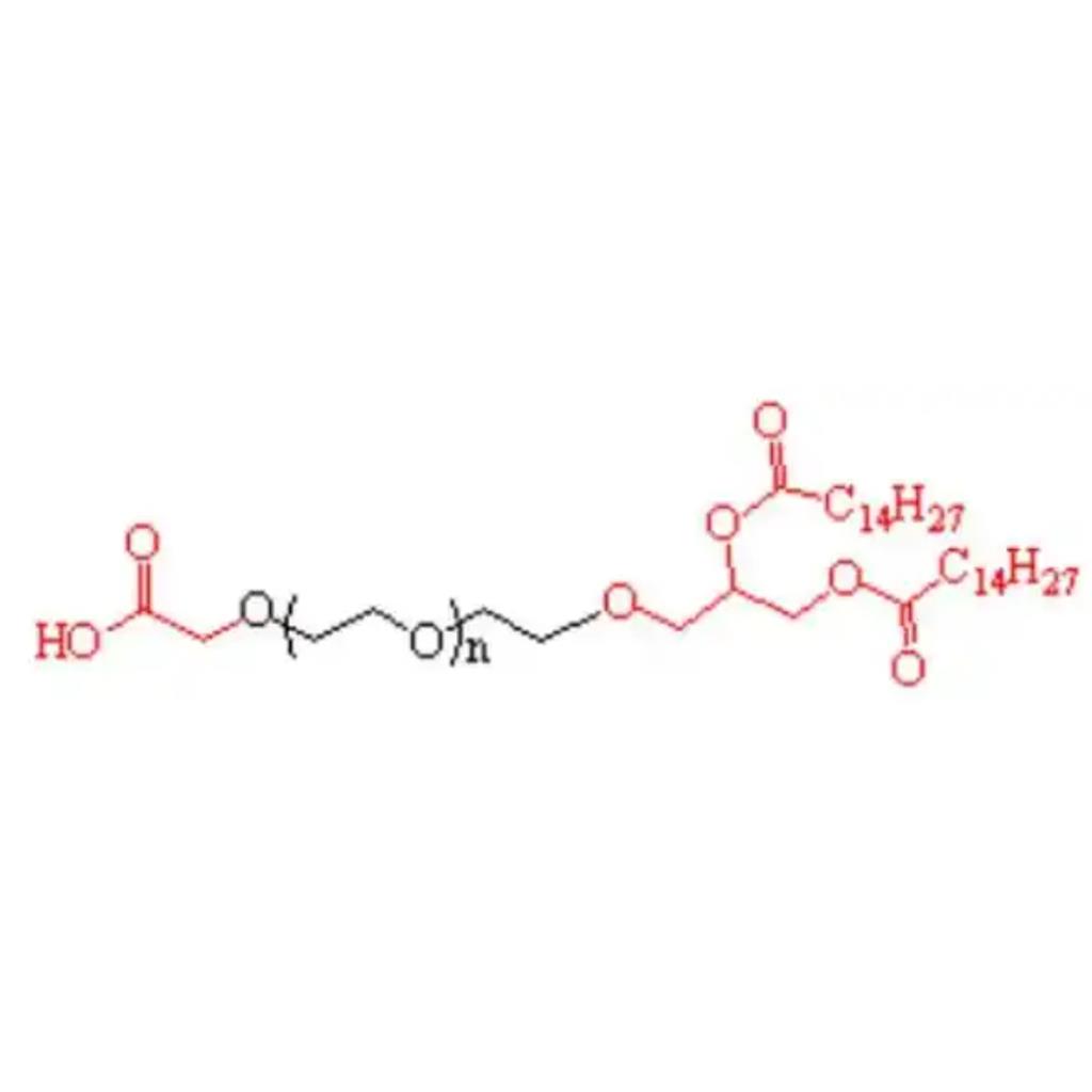 DMG-PEG-COOH，由二肉豆蔻酰-sn-甘油、聚乙二醇（PEG）和羧基（COOH）三部分组成