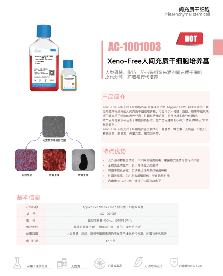  埃泽思生物AC-1001003 Xeno-Free 人间充质干细胞培养基