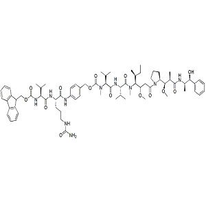 1350456-56-2，Fmoc-Val-Cit-PAB-MMAE，芴甲氧羰基-缬氨酸-瓜氨酸-对氨基苄氧羰基-单甲基澳瑞他汀 E