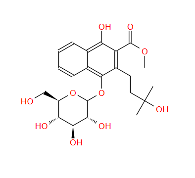 2-NAPHTHALENECARBOXYLIC ACID, 4-(D-GLUCOPYRANOSYLOXY)-1-HYDROXY-3-(3-HYDROXY-3-METHYLBUTYL)-, METHYL ESTER；125906-48-1；